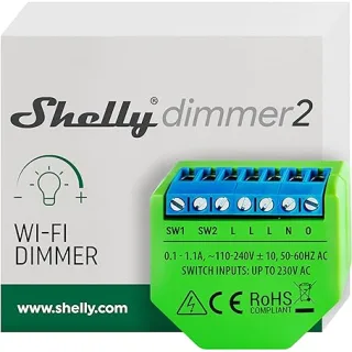 Shelly DIMMER 2 Dispositivo Wi-Fi per il Controllo di Luci Alogene, LED, Trasformatori Ferromagnetici Dimmerabili, Supportati da un’alimentazione di 110-230V, New, Verde