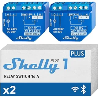 Shelly Plus 1, Relè interruttore intelligente, Confezione de 2, Wi-Fi & Bluetooth, Contatti a potenziale zero, Compatibile Con Alexa & Google Home, App iOS Android, Nessun Hub Richiesto