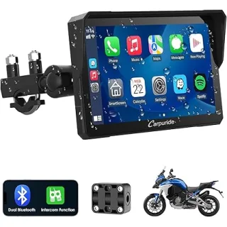 Carpuride W702 Pro Moto Carplay Schermo con Interfono Funzione, Senza Fili CarPlay e Android Auto, Portatile da 7 Pollici Impermeabile Touchscreen, Aggiornato Doppio Bluetooth, Navigazione, Bussola.