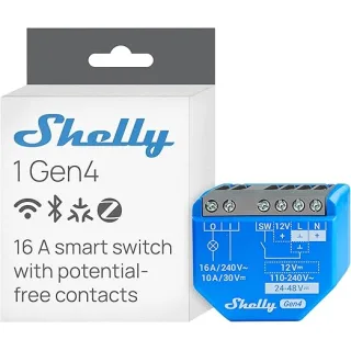 Shelly 1 Gen4, interruttore relè intelligente alimentato da WiFi, 1 canale, 16 A, contatto senza potenziali, automazione domestica, controllo remoto, nessun hub necessario, Alexa, Apple HomeKit