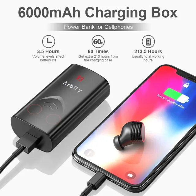 Arbily T9 TWS Auricolari Bluetooth 5.0 con Power Bank 6000mHA