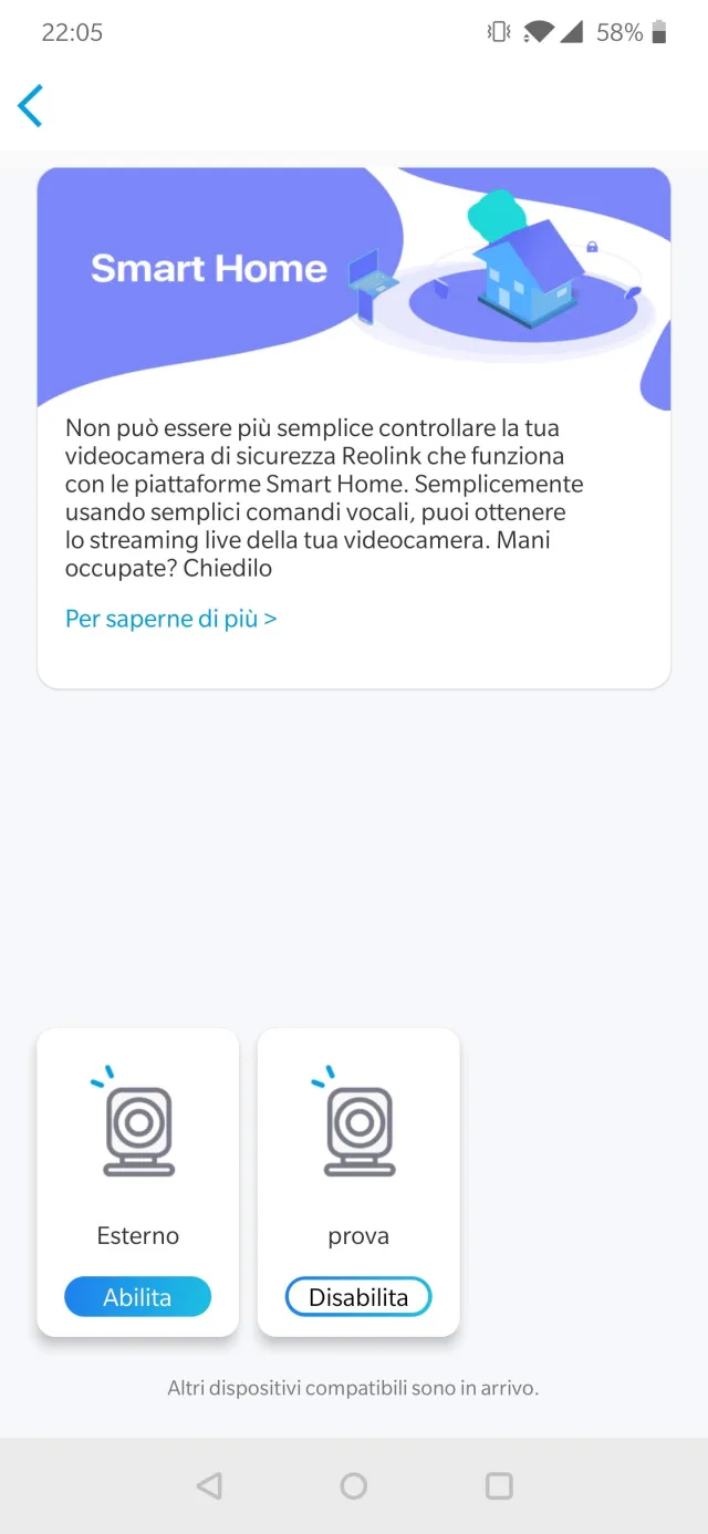 Sezione Smart Home dell'app REOLINK