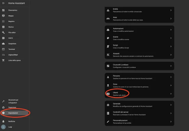 Schermata Hass.io per gestione utenti