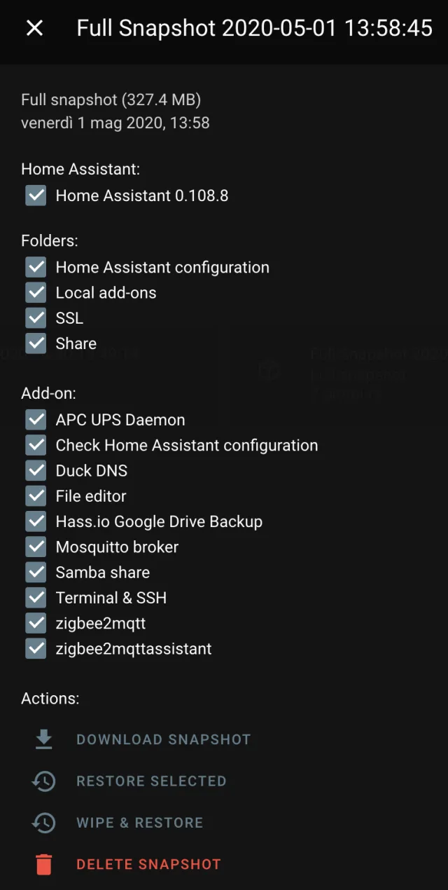 Impostazione Snapshot Home Assistant