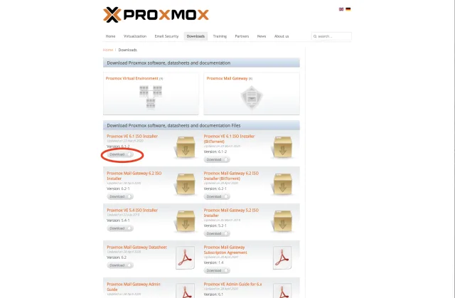 Schermata di download Proxmox