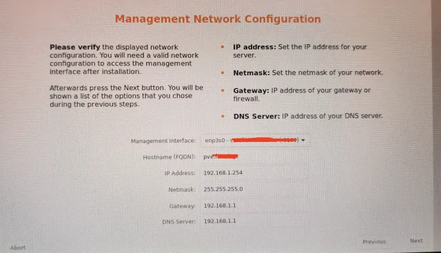 Network configuration installazione Proxmox