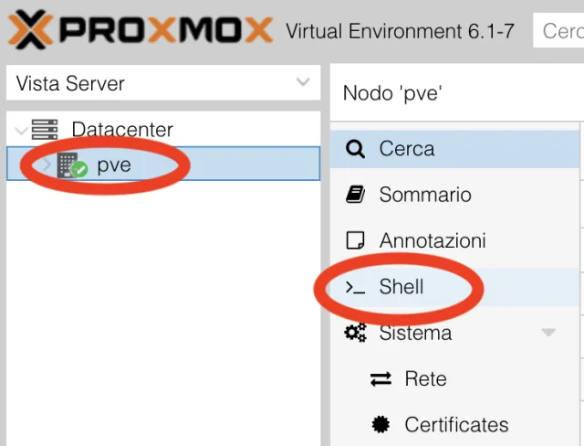 Manu di accesso al terminale Proxmox