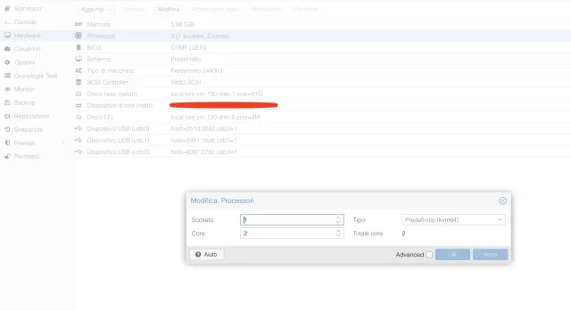 Assegnazione processori macchina virtuale