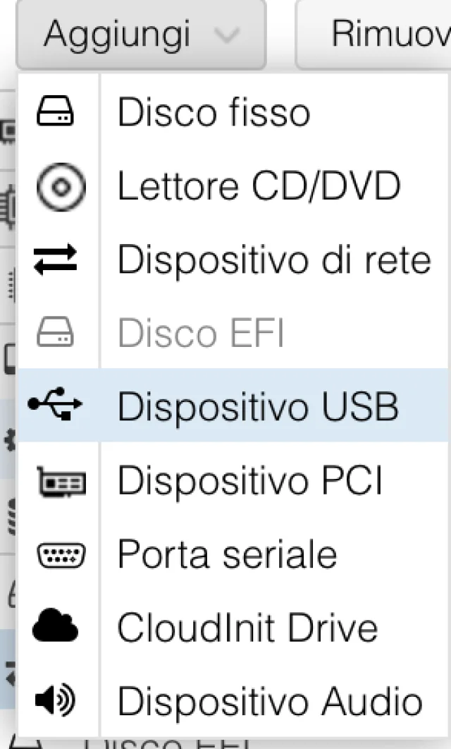 Menu per aggiunta dispositivi USB
