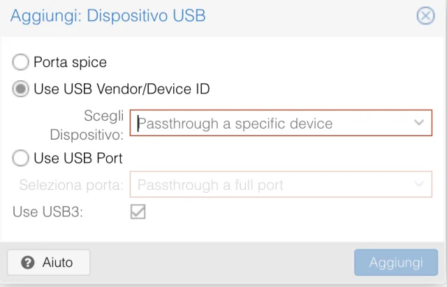 Aggiunta dispositivo USB per macchina virtuale