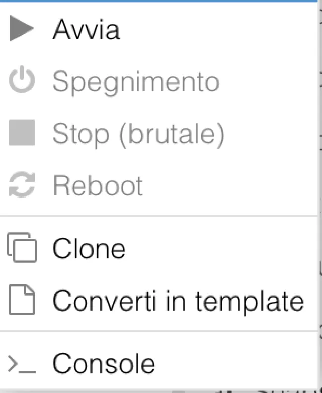 menu per avviare macchina virtuale