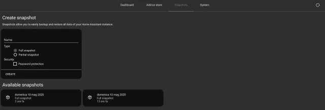 creazione guidata snapshot HA