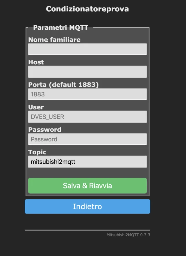 Schermata di configurazione parametri MQTT