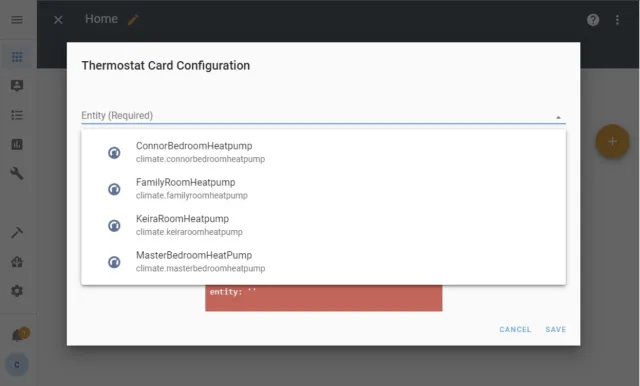 Termostato CARD configurazione entità