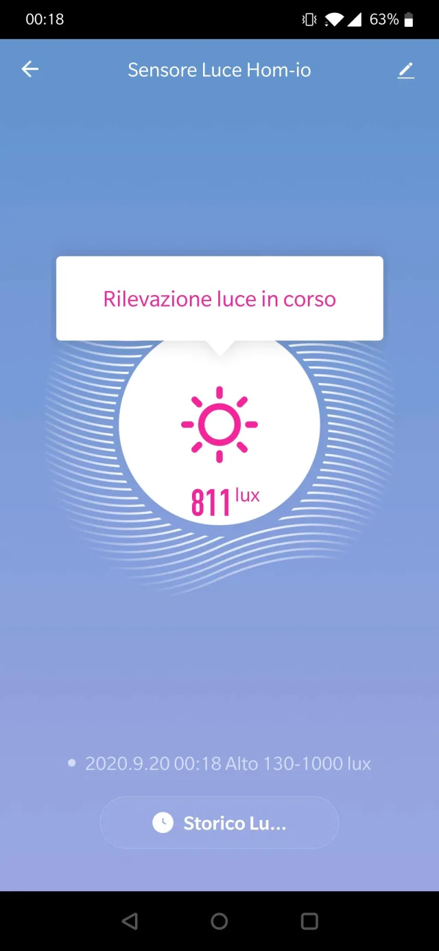 schermata applicazione sensore luminosità