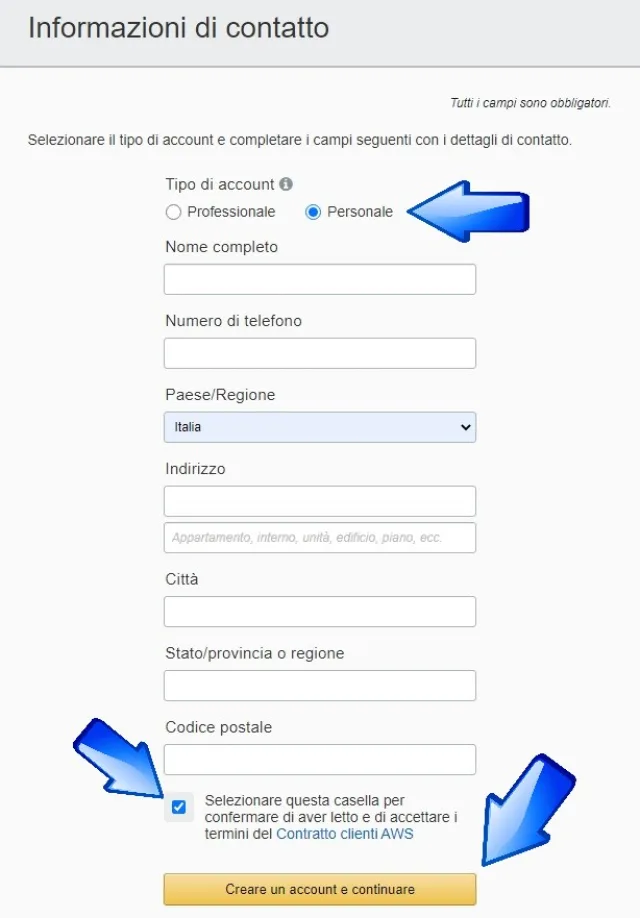 accettazione termini di Contratto AWS