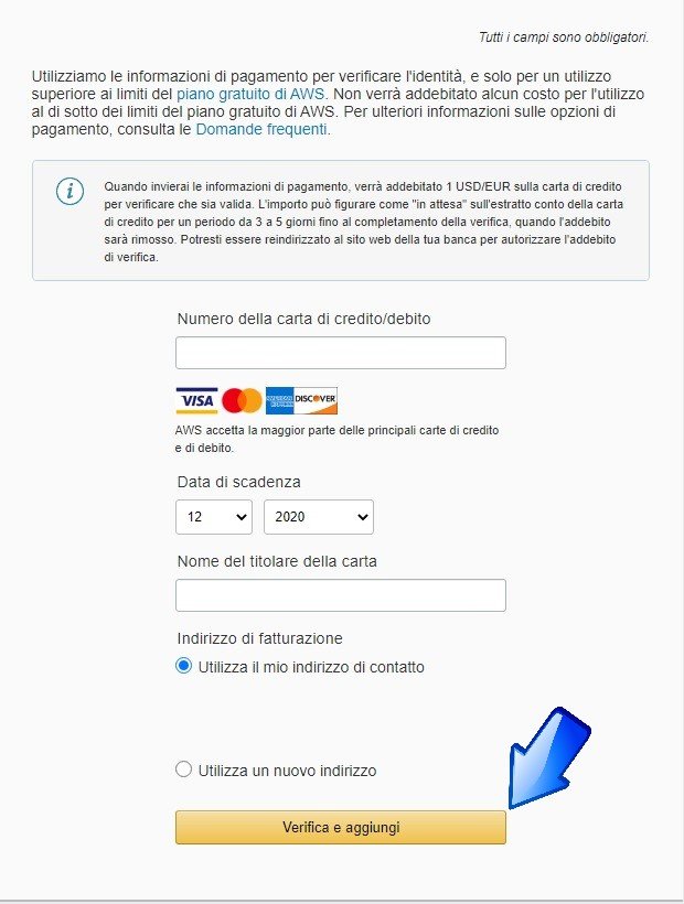 Aggiungi Carta di credito o di debito Amazon Web Services