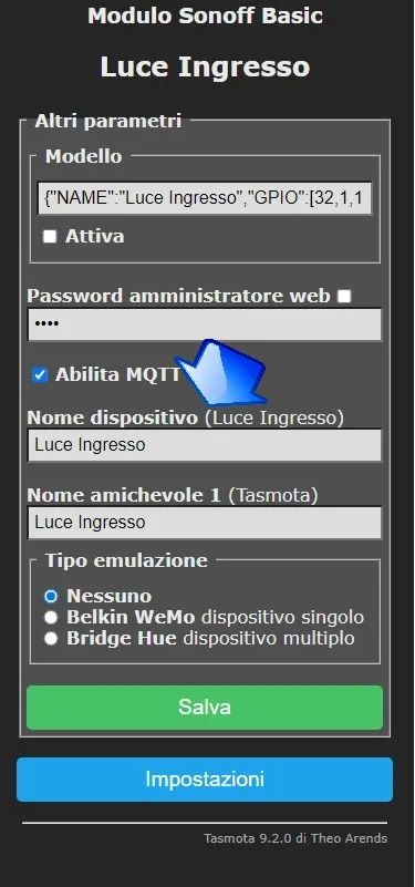 luce Ingresso impostazioni