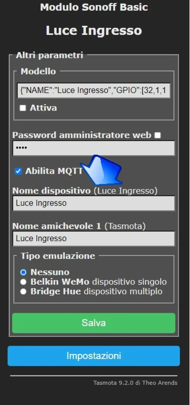 luce Ingresso impostazioni