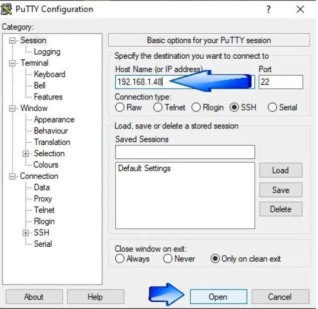 Prima Schermata Putty openhab v3