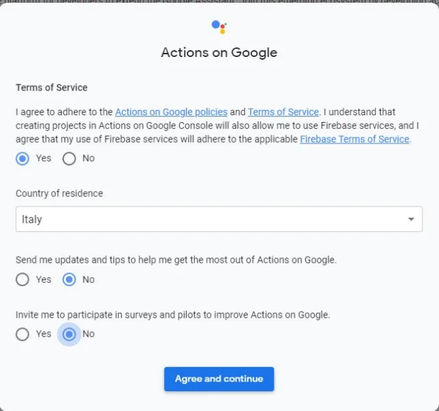 Actuions on Google Agree and Continue