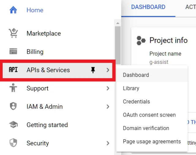 Api  e servizi Dasboard