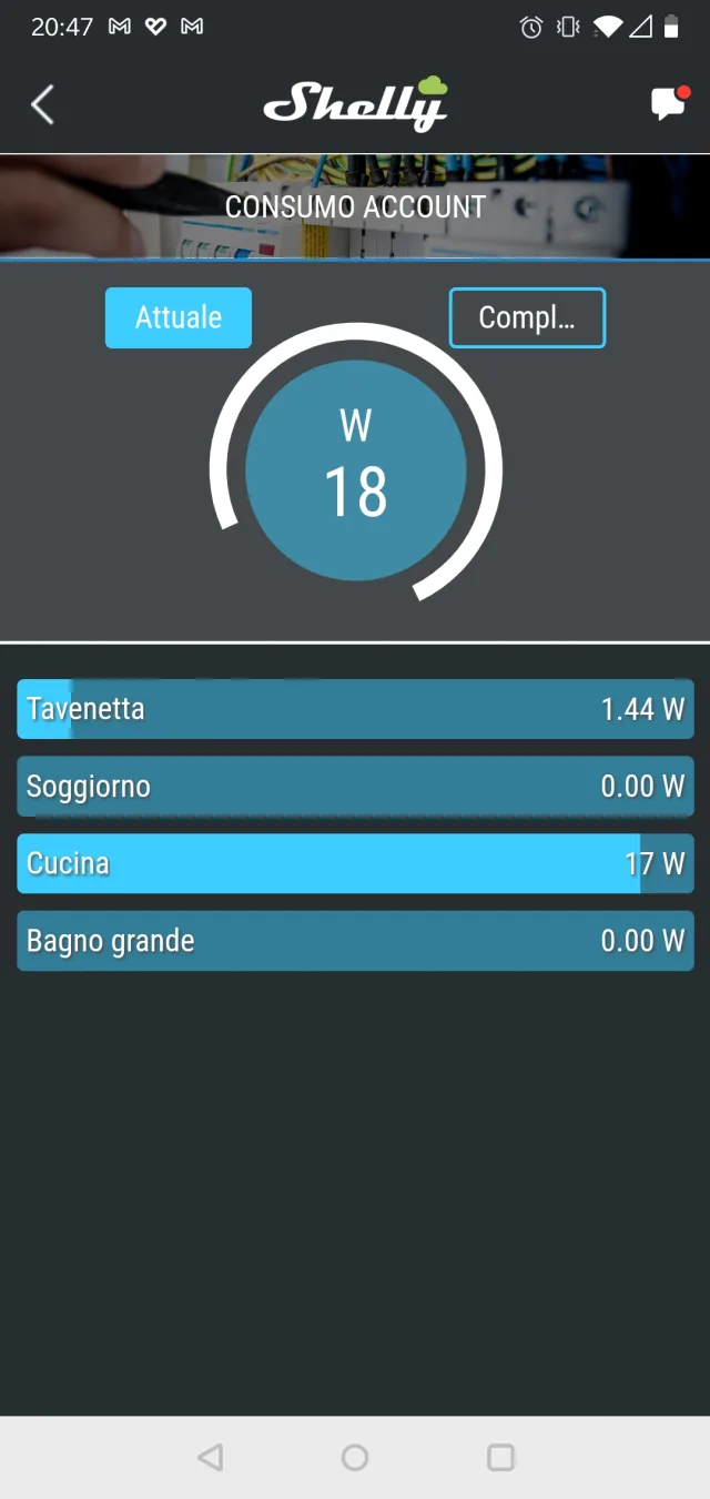 schermata consumo totale app Shelly