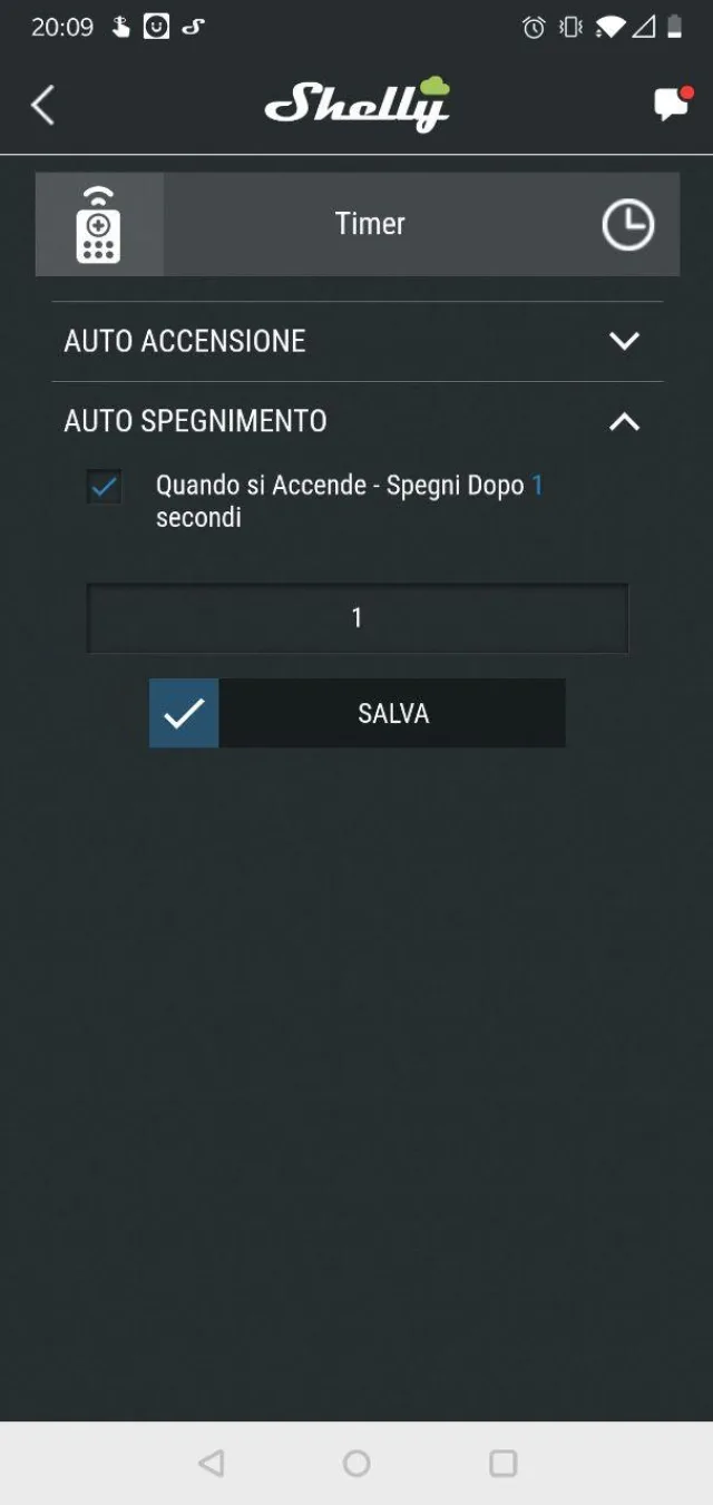 App Shelly Cloud opzione di auto spegnimento
