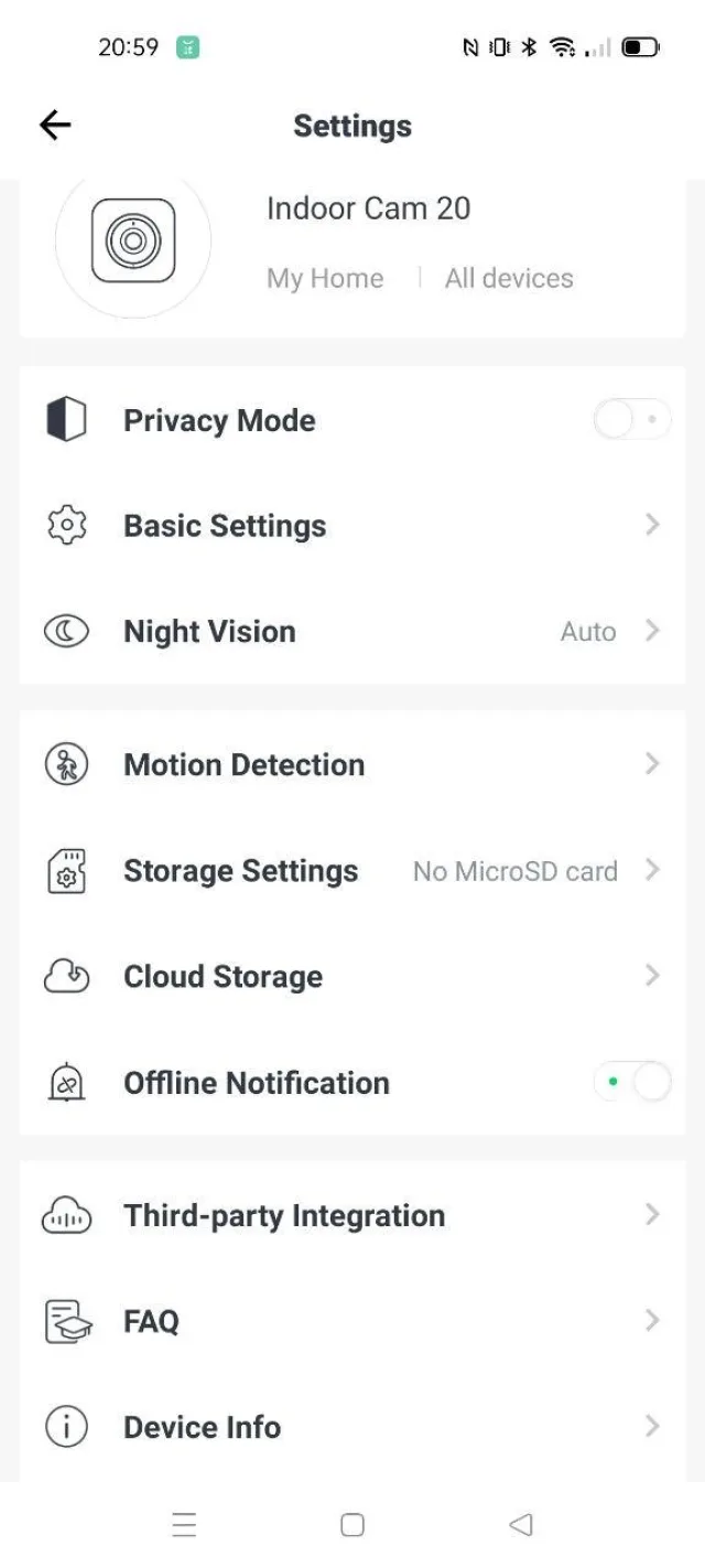 Schermata impostazioni app switchbot Camera