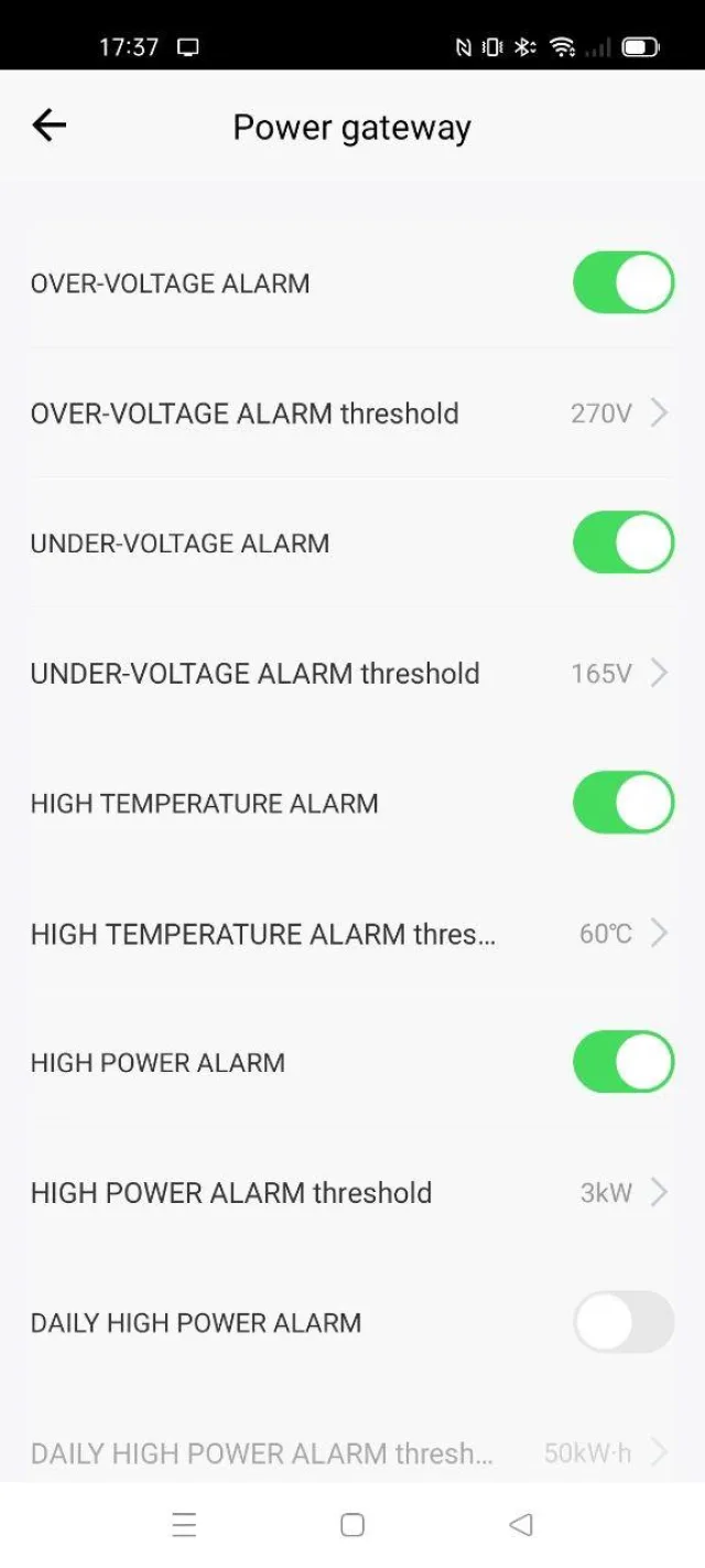 Schermata per impostazione degli alert