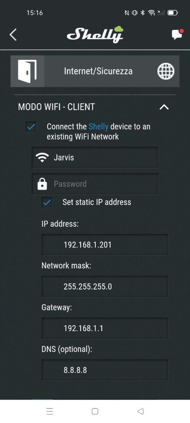 Shelly Door/window2 configurazione ip statico