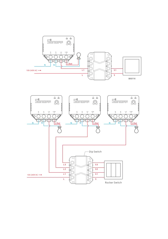 Schema di collegamento Sonoff MINI R3 e Sonoff S-MATE