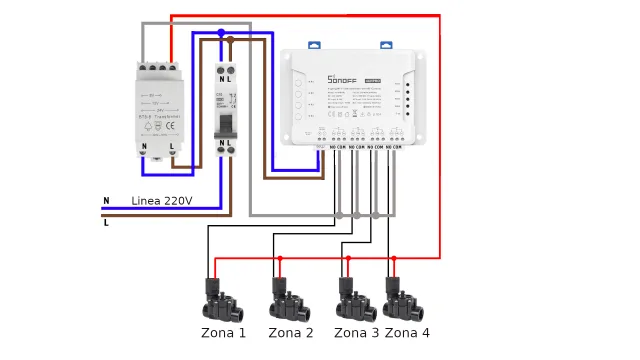 Schema di collegamento per le elettrovalvole al Sonoff 4CH pro R3