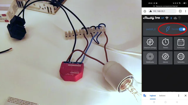 Shelly 1PM Plus esempio di monitoraggio consumo di una lampadina