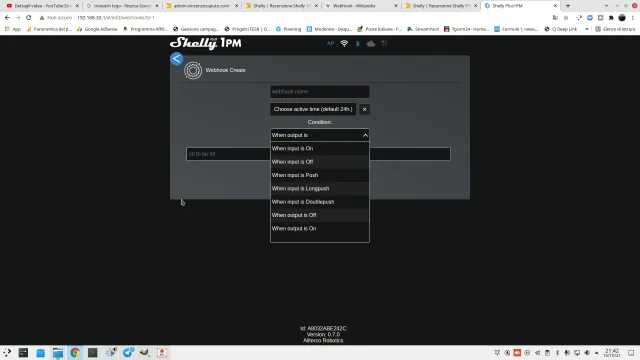 Shelly 1PM Plus configurazione webhooks