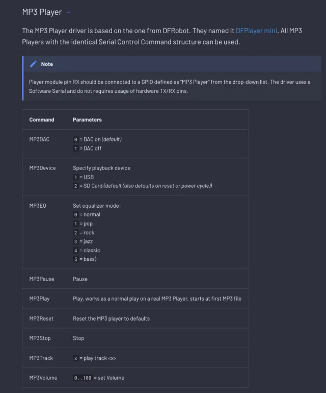 comandi dfplayer da tasmota