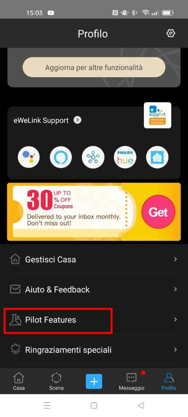 Menu app ewelink pilot features