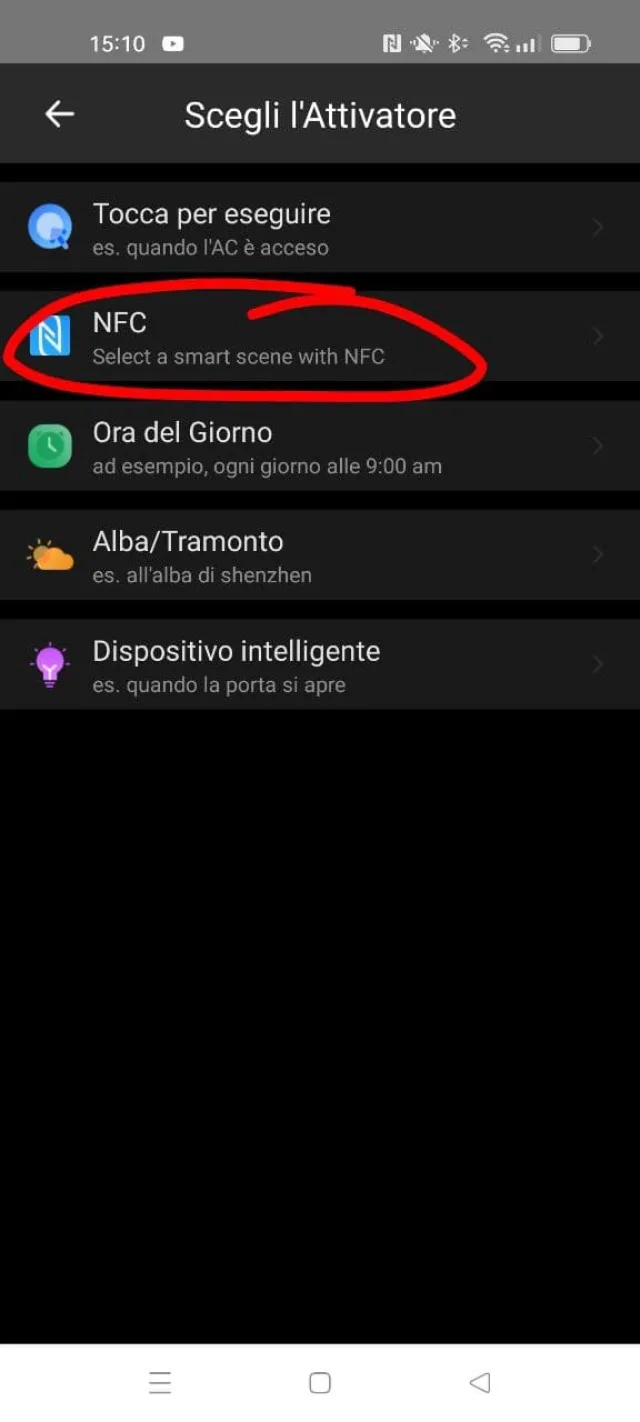 Selezione NFC come attivatore