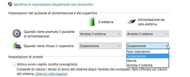 Configurazione tasto di alimentazione PC da Windows