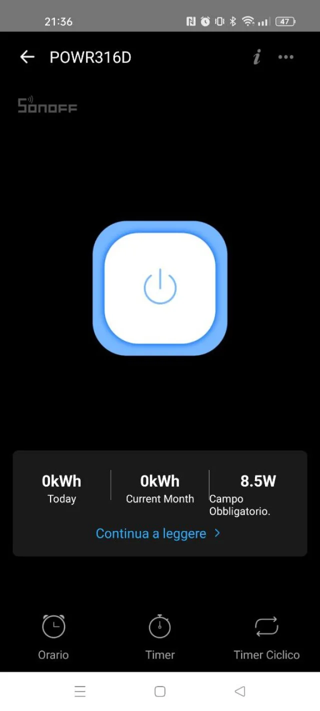 Sonoff POW Elite schermata principale