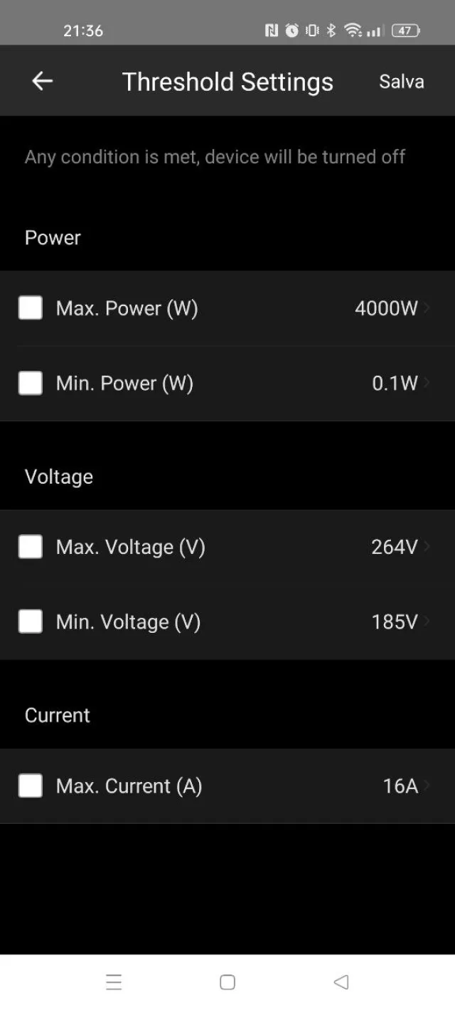 Sonoff POW Elite impostazione soglie spegnimento automatico