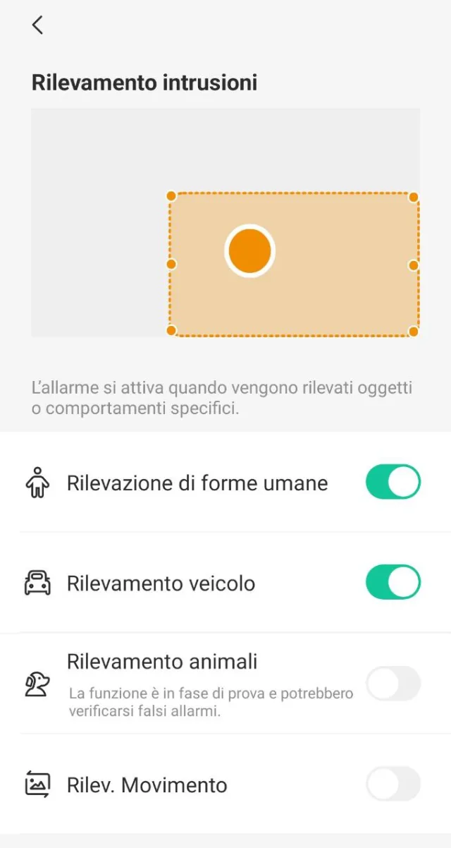 app imou life impostazioni di rilevazioni movimento