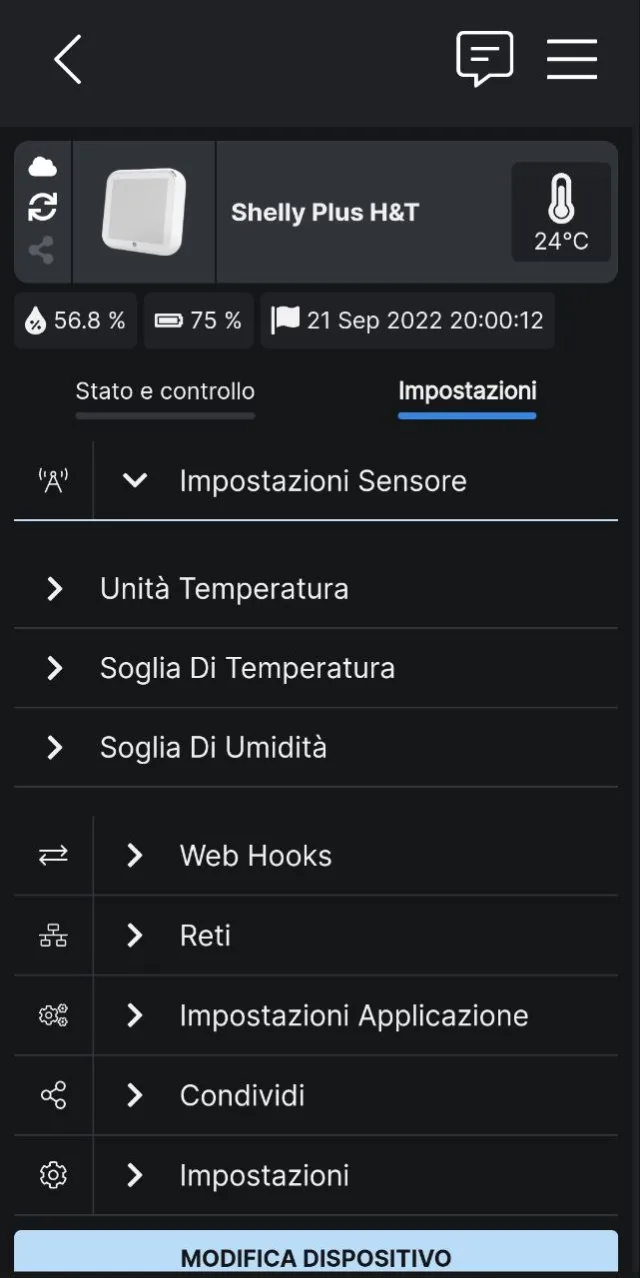 Shelly Plus H&T dettaglio impostazioni in app