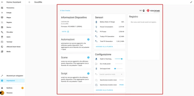 sensori e impostazione integrazione goodwe in home assistant