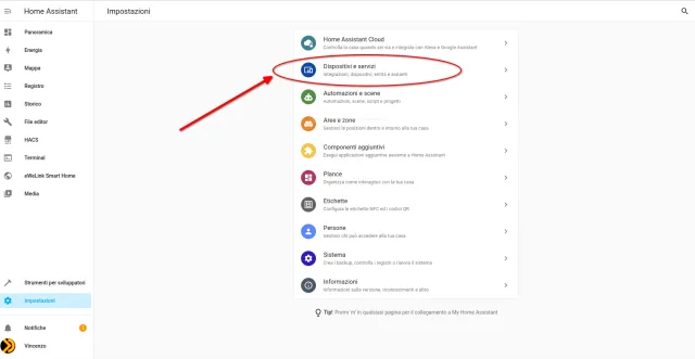 pannello impostazioni Home Assistant