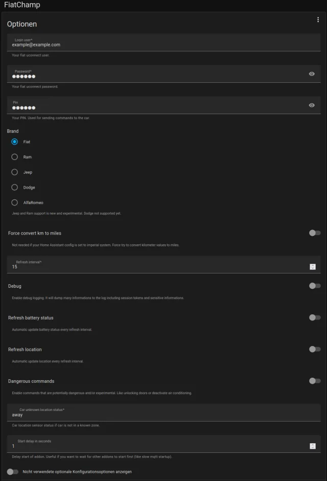 Dati da compilare prima di avviare il servizio del componente FiatChamp