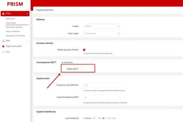Abilitazione MQTT Prism Solar