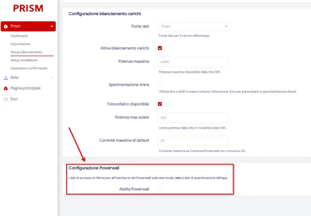 Configurazione PowerWall Prism Solar