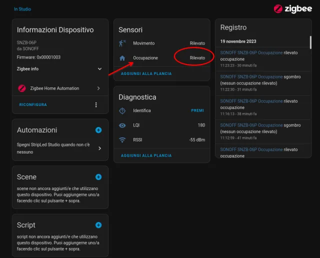 Dettaglio integrazione Sonoff SNZB-06P in Home Assistant