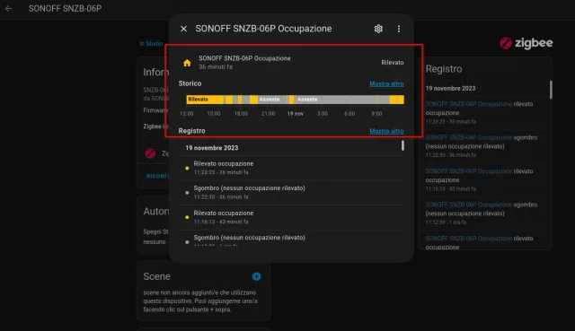Dettaglio sensore di presenza Sonoff in Home Assistant